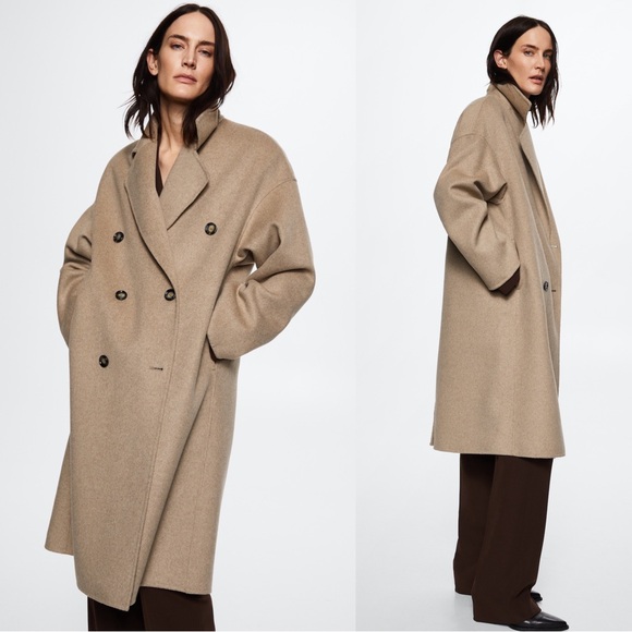 Mango Jackets & Blazers - MANGO Oatmeal Neutral Beige Oversized Wool Coat Double Breasted Wool Trench Coat